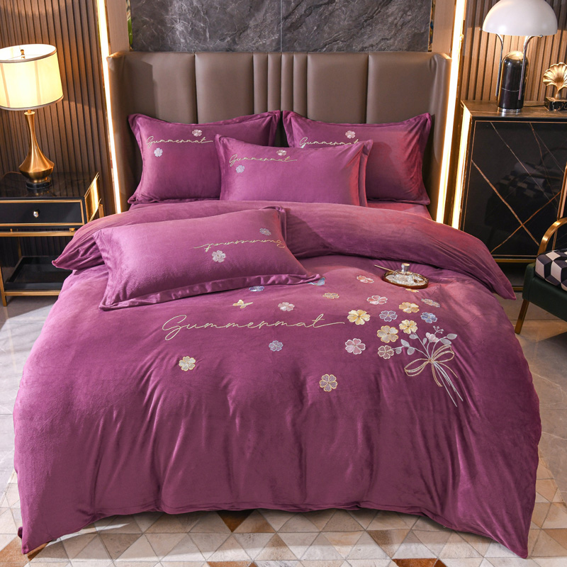2022新款水晶绒刺绣四件套--花之镜系列 1.8m床单款四件套 紫色