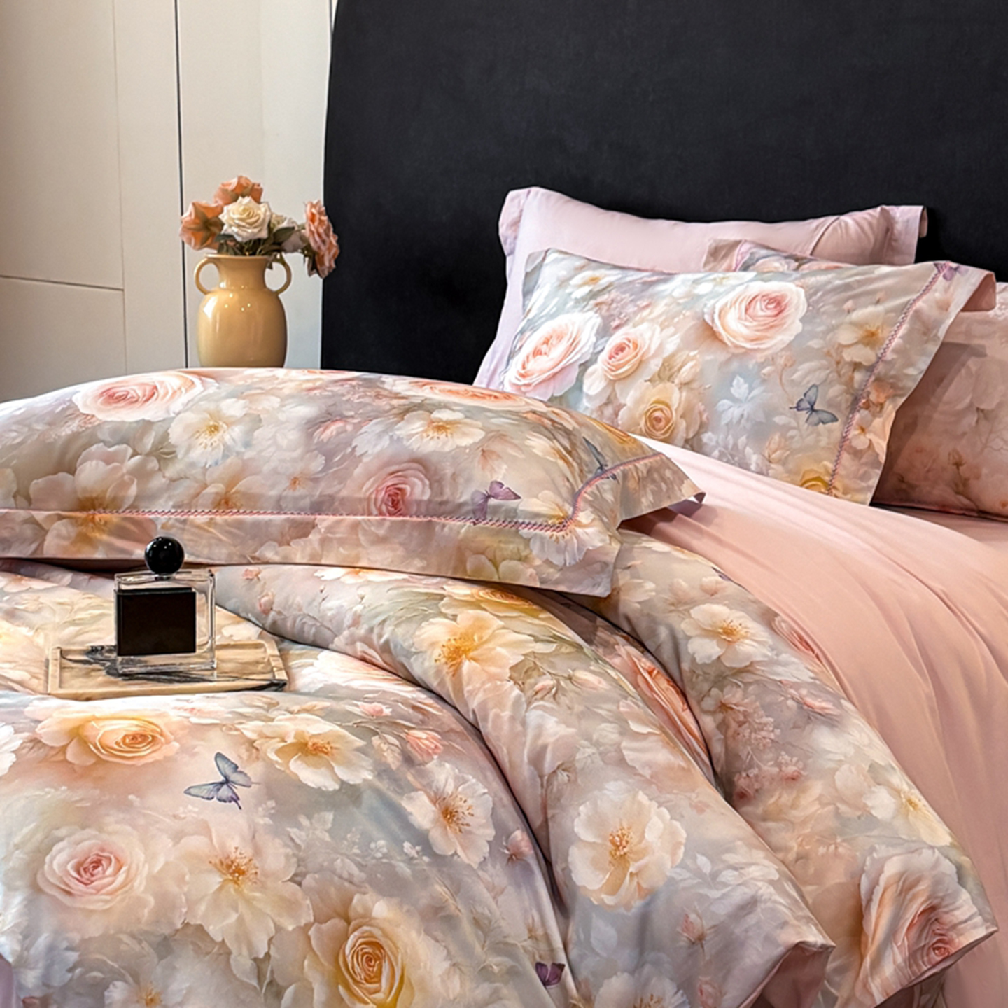 2025新款13372全棉数码印花四件套 洛可可玫瑰（粉）