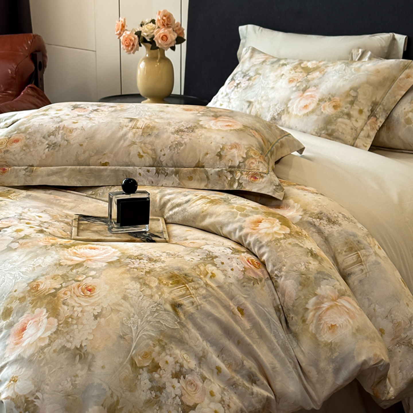 2025新款13372全棉数码印花四件套 微风素笺（灰绿）