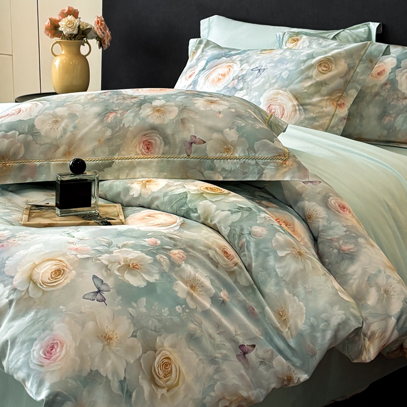 2025新款13372全棉数码印花四件套 洛可可玫瑰（蓝）