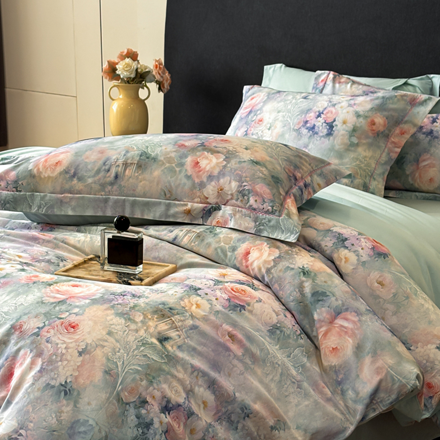 2025新款13372全棉数码印花四件套 微风素笺（蓝）