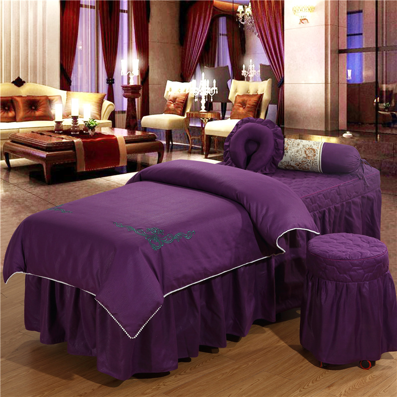 2024新款3D刺绣 美容床罩四件套 圆头四件套 (70*185) 深紫色