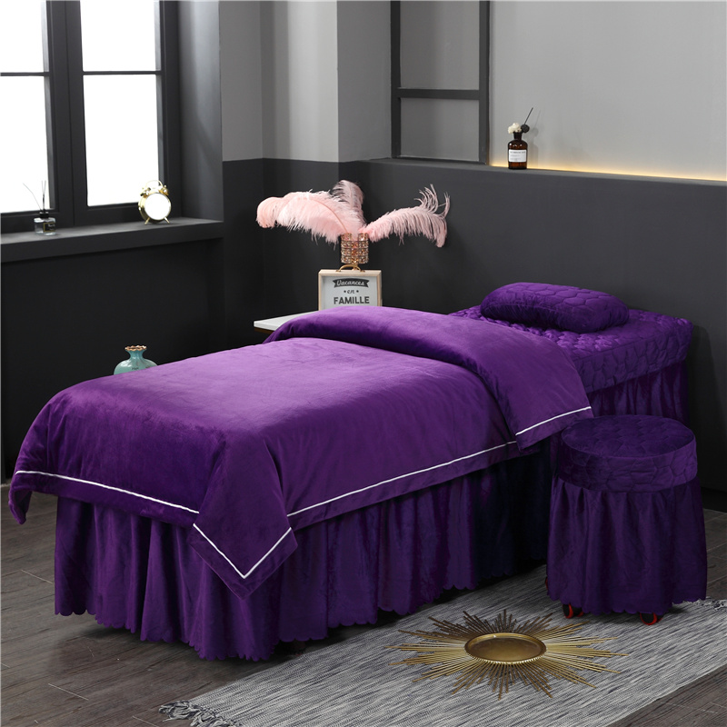 2024新款水晶绒宝宝绒系列美容床罩 圆头四件套 (70*185) 水晶绒压线款-深紫