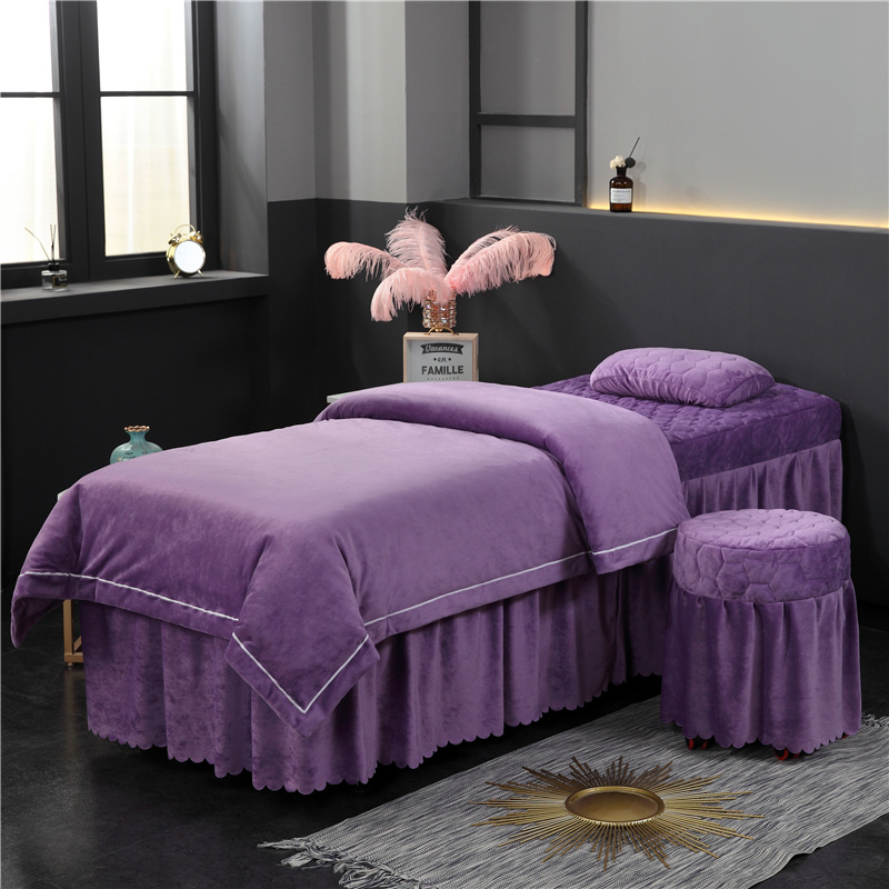 2024新款水晶绒宝宝绒系列美容床罩 圆头四件套 (70*185) 水晶绒压线款-香槟紫