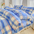 2024年新款水洗色织全棉花边床盖四件套 48*74cm枕套/对 蓝白格