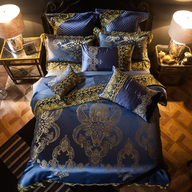 2020年蕾丝款高精密色织大提花系列四 六 八 十 多件套（索菲亚） 标准1.5-1.8m床 蓝（床盖六件套）