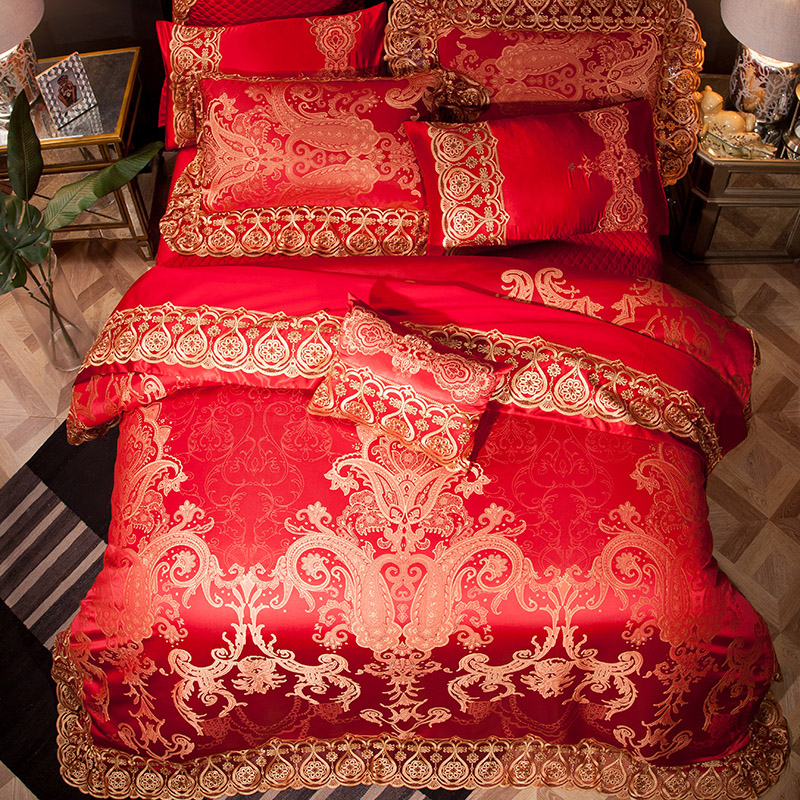 2020年蕾丝款高精密色织大提花系列四 六 八 十 多件套（索菲亚） 标准1.5-1.8m床 大红（床单八件套）