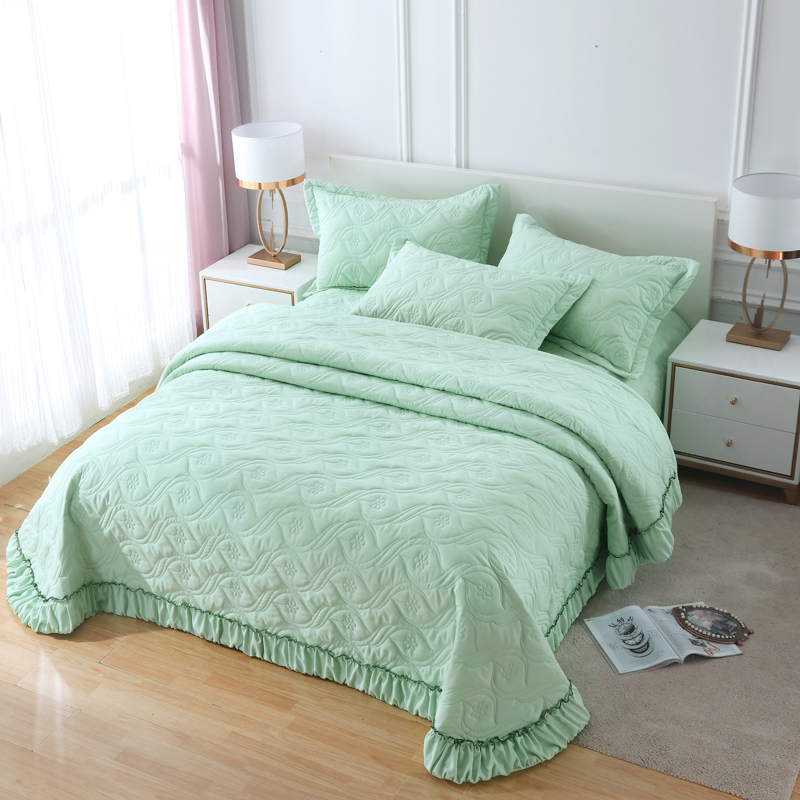 2020新款全棉夹棉绗缝床盖三件套 245.*245cm单床盖 豆绿