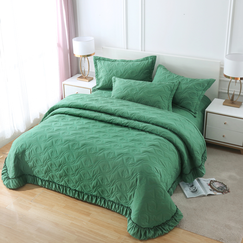 2020新款全棉夹棉绗缝床盖三件套 245.*245cm单床盖 绿色