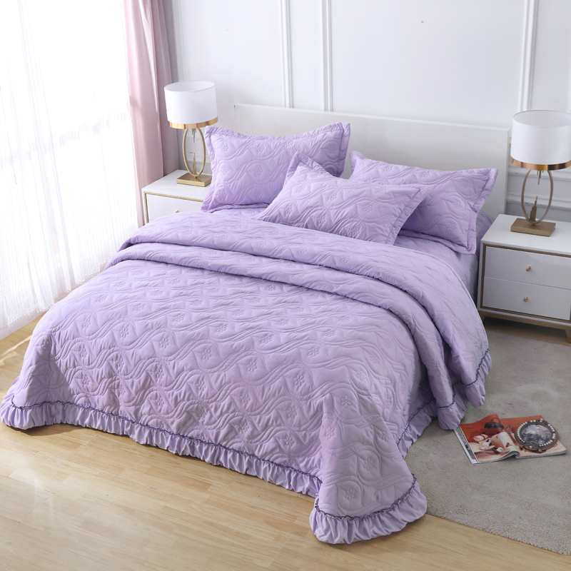 2020新款全棉夹棉绗缝床盖三件套 245.*245cm单床盖 浅紫