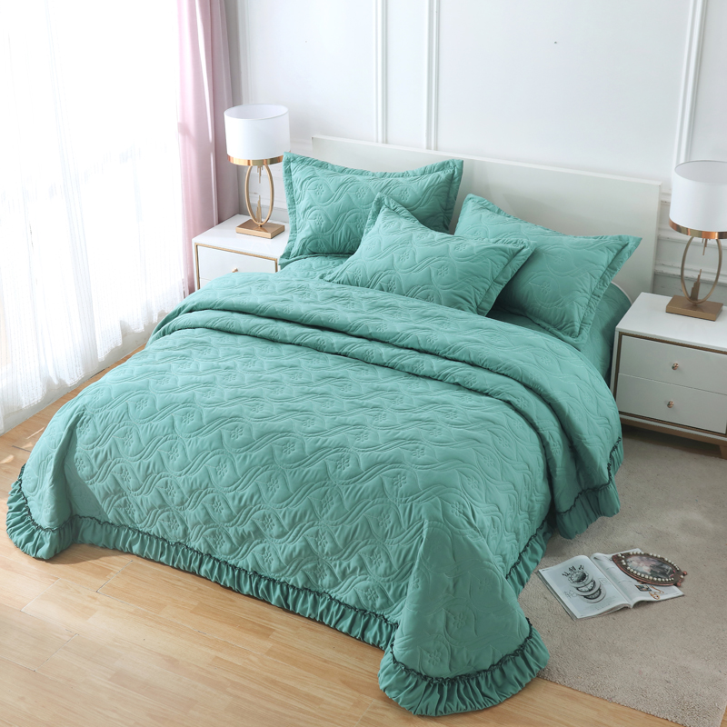 2020新款全棉夹棉绗缝床盖三件套 245.*245cm单床盖 深绿