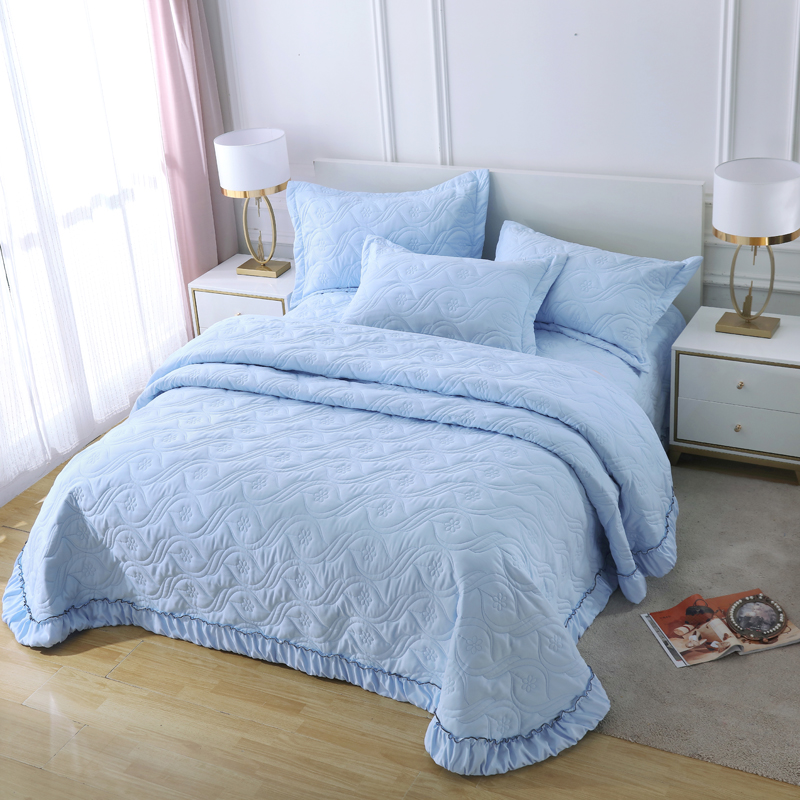 2020新款全棉夹棉绗缝床盖三件套 245.*245cm单床盖 天蓝