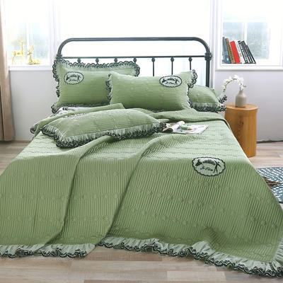 床盖 盖毯 正反面 60支长绒棉蕾丝多功能四季被三，四件套 床盖四件套 豆绿