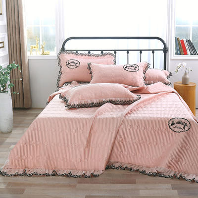 床盖 盖毯 正反面 60支长绒棉蕾丝多功能四季被三，四件套 床盖四件套 粉色
