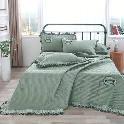 床盖 盖毯 正反面 60支长绒棉蕾丝多功能四季被三，四件套 床盖四件套 浅绿