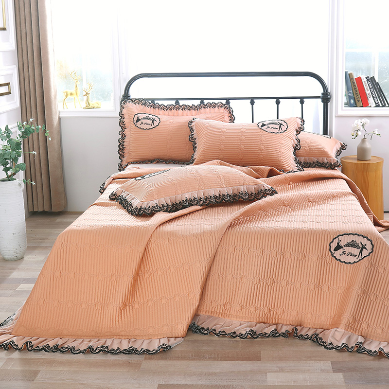 床盖 盖毯 正反面 60支长绒棉蕾丝多功能四季被三，四件套 床盖四件套 深粉玉