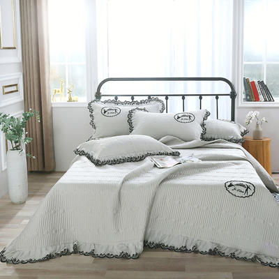 床盖 盖毯 正反面 60支长绒棉蕾丝多功能四季被三，四件套 床盖四件套 银灰