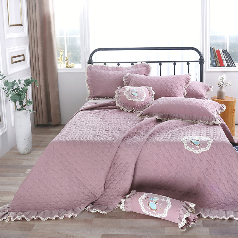 床盖 盖毯 正反面13372全棉白蕾丝多功能三件 三件套 豆沙紫