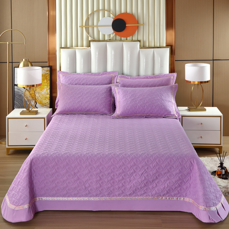 2022新款纯色全棉单件床盖夹棉三件套 250*250cm床盖三件套 深紫