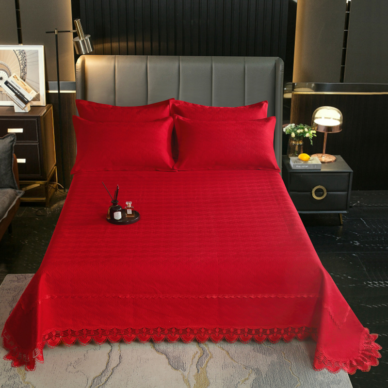 2023新款全棉水溶花边素色床盖夹棉三件套 245*265cm床盖三件套 大红