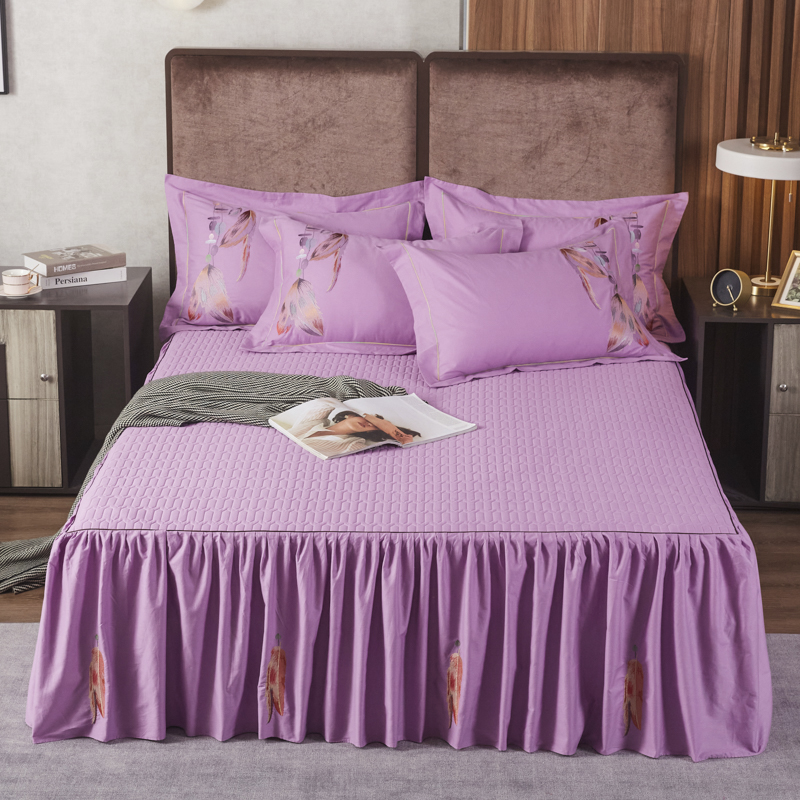 2020新款全棉刺绣夹棉床裙三件套 1.8m（6英尺）床 粉紫