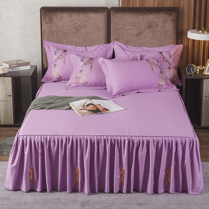 2020新款全棉刺绣床裙三件套 1.8m（6英尺）床 粉紫