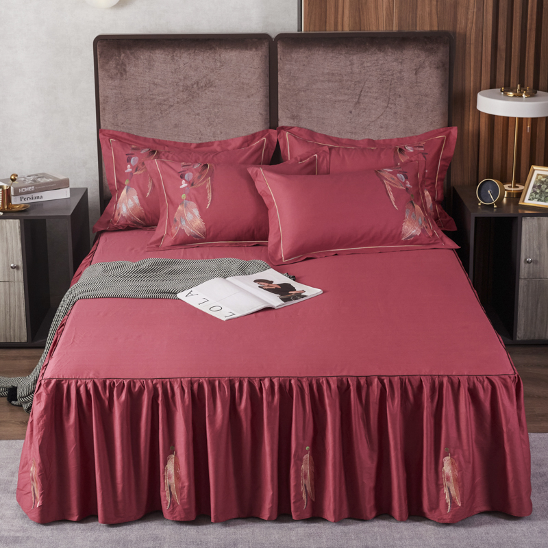 2020新款全棉刺绣床裙三件套 1.8m（6英尺）床 酒红色