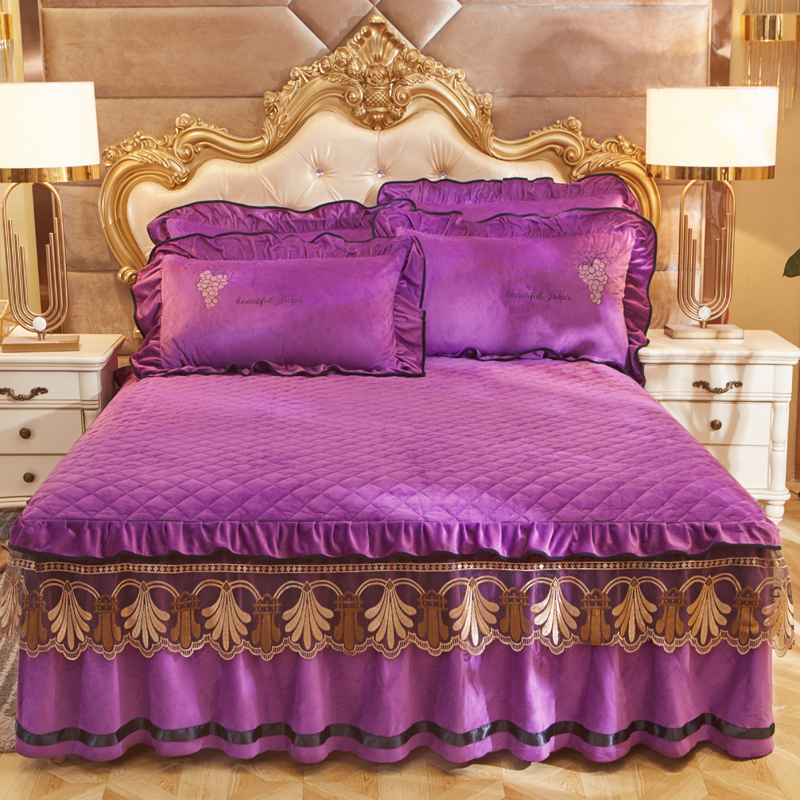 2020新款绣花水晶绒夹棉单床裙 1.8米 伊甸园-紫色