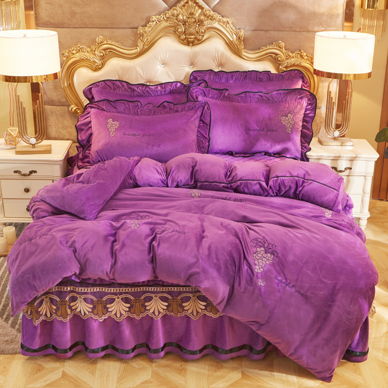 2020新款绣花水晶绒夹棉床裙四件套 1.8m（6英尺）床 伊甸园-紫色