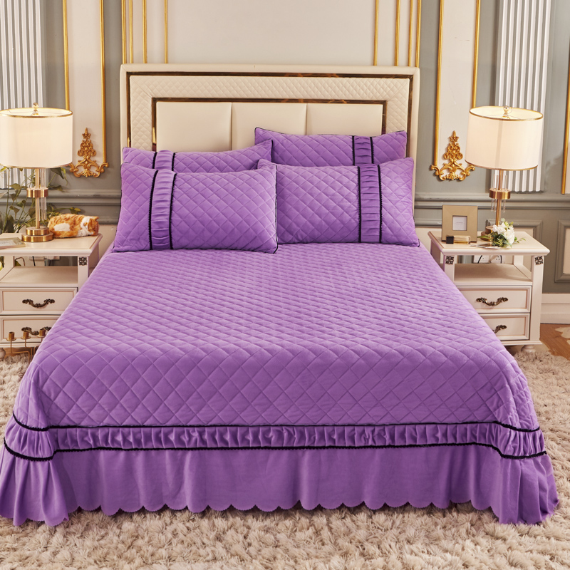2020新款-亲肤水晶绒甜蜜之约系列单品夹棉床盖 2.5米 4.粉黛紫