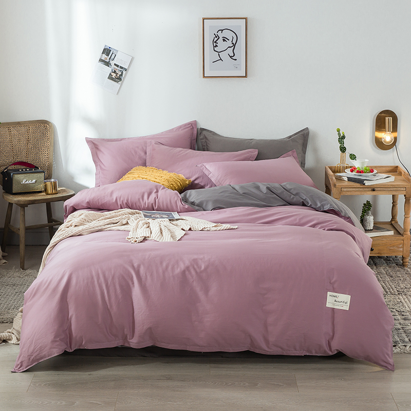 2023新款纯棉纯色四件套双人1.5m1.8米网红全棉被套床单女床上用品宿舍 1.5m（5英尺）床 酱紫粉+灰