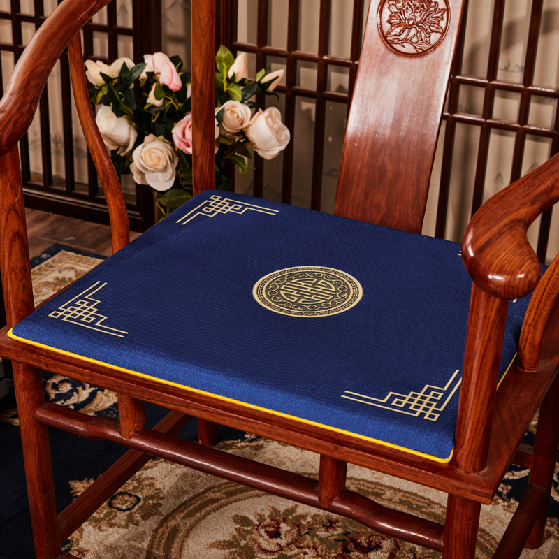 2023新款 麻布印花新中式坐垫红木沙发垫系列 太师椅垫 富贵福禄 40x40x2cm 富贵-藏蓝