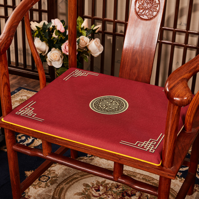 2023新款 麻布印花新中式坐垫红木沙发垫系列 太师椅垫 富贵福禄 40x40x2cm 富贵-大红