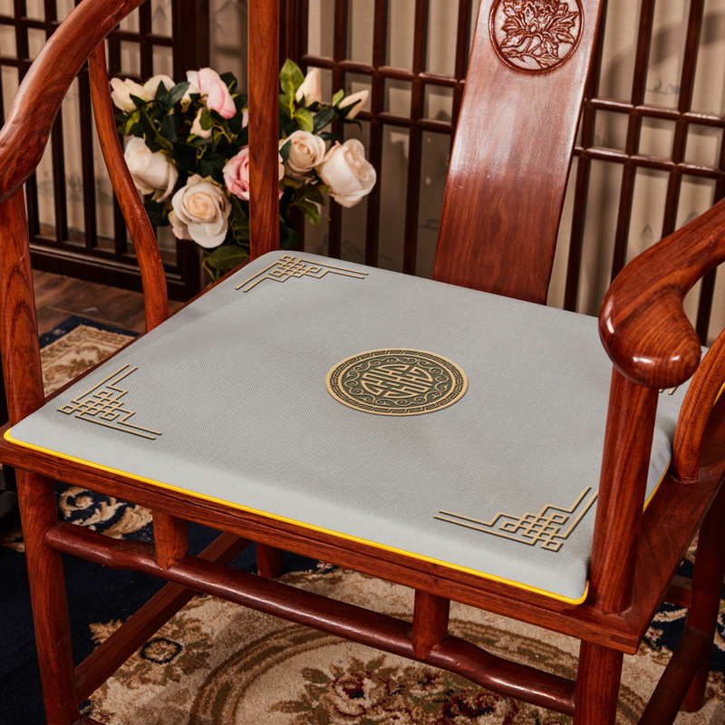 2023新款 麻布印花新中式坐垫红木沙发垫系列 太师椅垫 富贵福禄 40x40x2cm 富贵-灰色