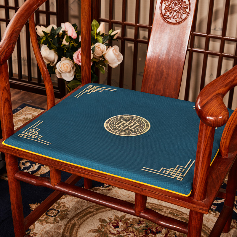 2023新款 麻布印花新中式坐垫红木沙发垫系列 太师椅垫 富贵福禄 40x40x2cm 富贵-兰