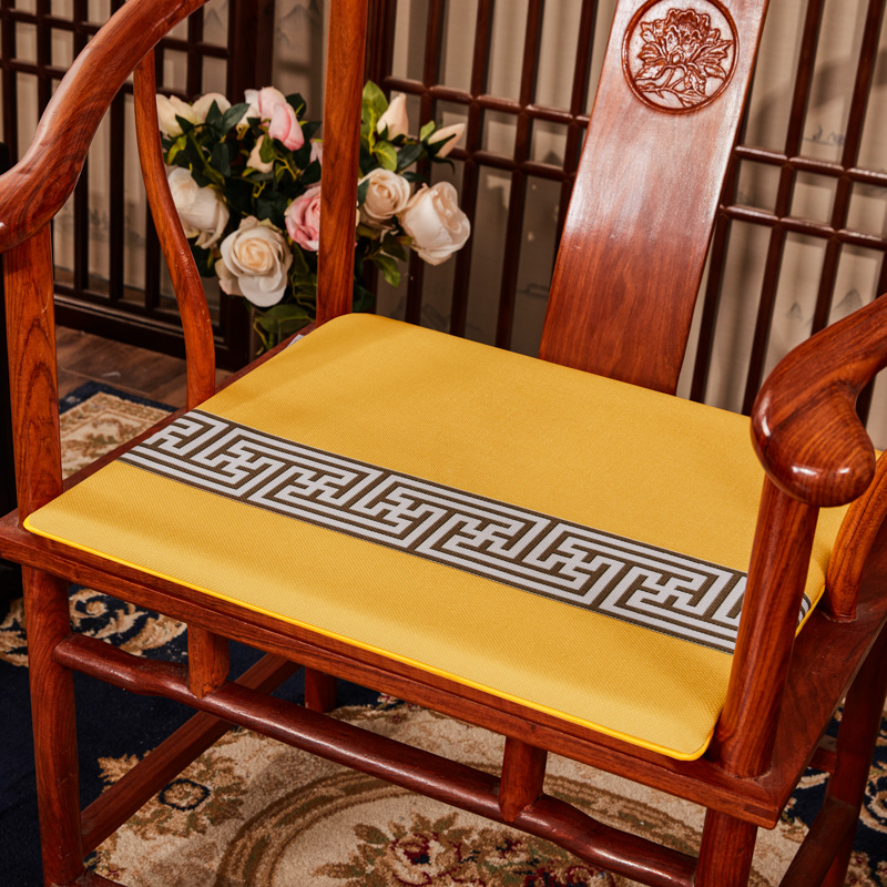 2023新款 麻布印花新中式坐垫红木沙发垫系列 太师椅垫 回纹花 40x40x2cm 回纹花-黄色