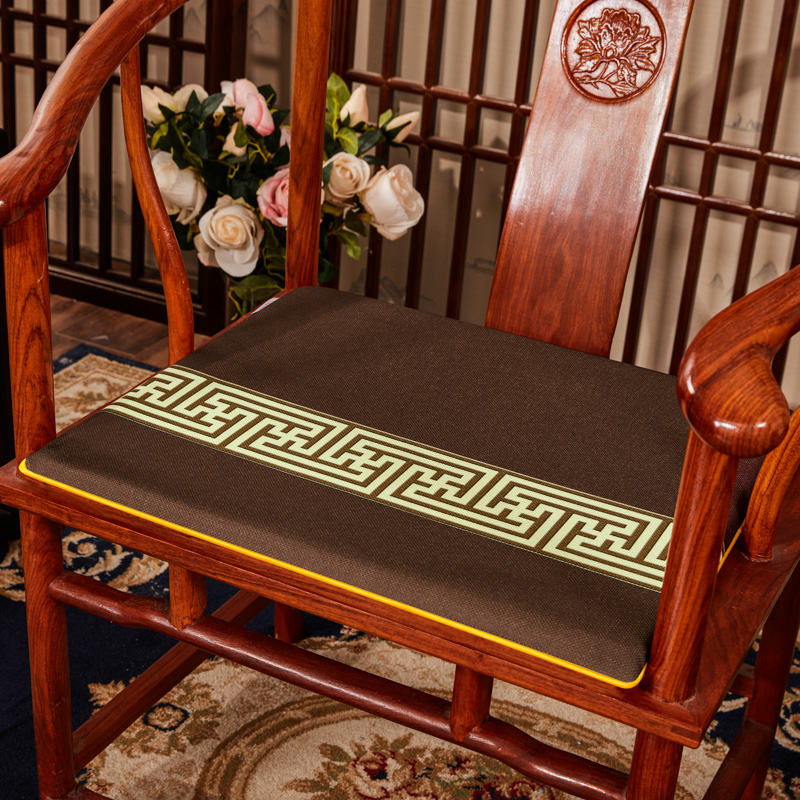 2023新款 麻布印花新中式坐垫红木沙发垫系列 太师椅垫 回纹花 40x40x2cm 回纹花-咖色