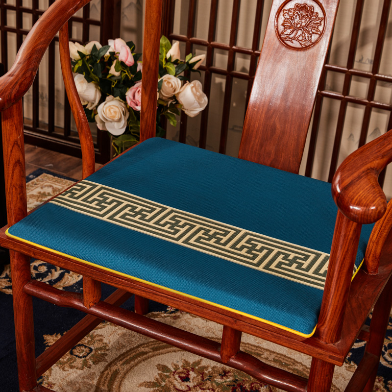 2023新款 麻布印花新中式坐垫红木沙发垫系列 太师椅垫 回纹花 40x40x2cm 回纹花-兰色