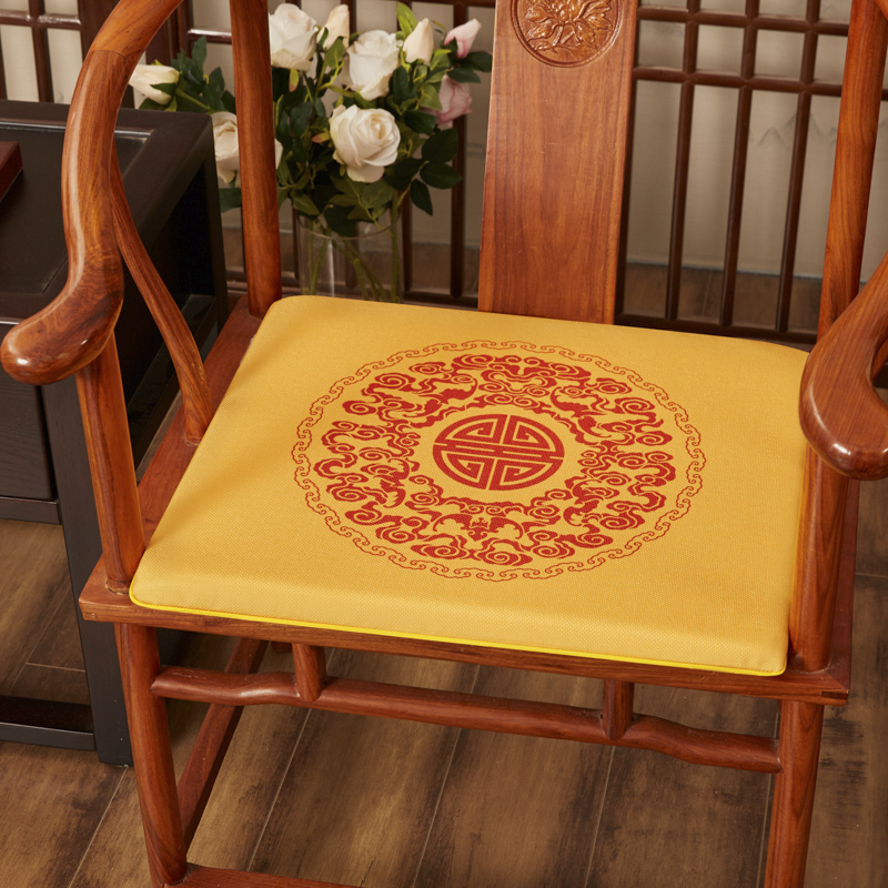 2023新款麻布印花新中式坐垫红木沙发垫系列 太师椅垫 吉祥如意 40x40x2cm 如意-亮黄