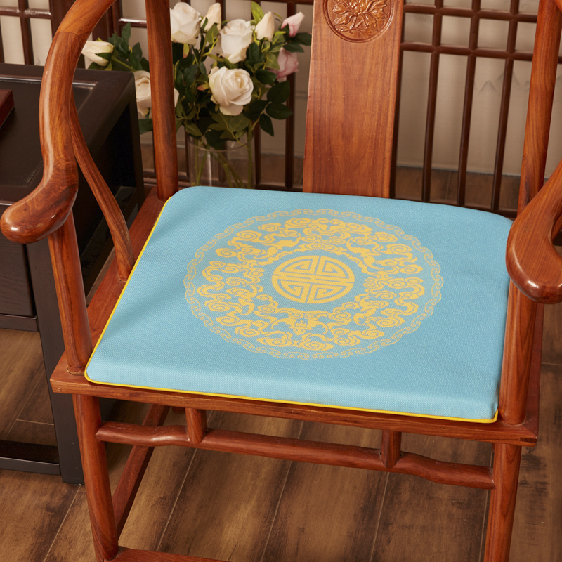 2023新款麻布印花新中式坐垫红木沙发垫系列 太师椅垫 吉祥如意 40x40x2cm 如意-亮蓝