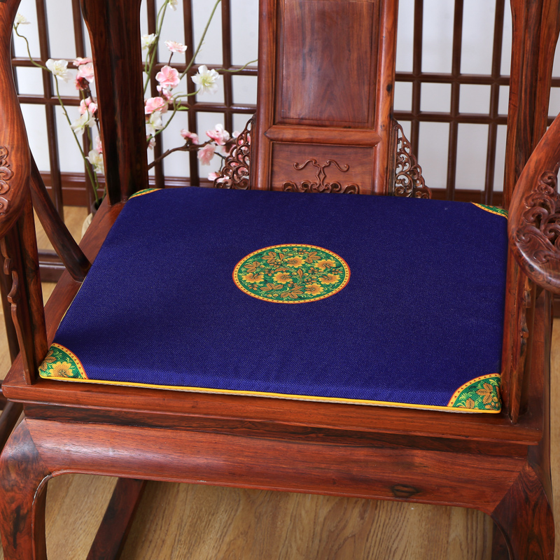 2023新款麻布印花新中式坐垫红木沙发垫系列 中式太师椅垫 中式小花 40x40x2cm 中式-藏蓝