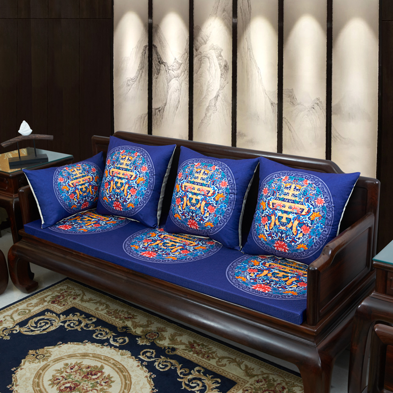 2023新款麻布印花沙发垫新中式坐垫红木沙发垫 花团锦簇 每平方(单套子，不含海绵） 福寿-藏蓝