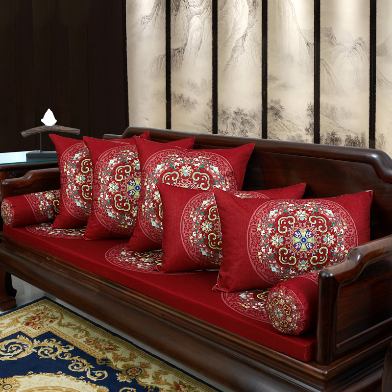 2023新款麻布印花沙发垫新中式坐垫红木沙发垫 花团锦簇 每平方(单套子，不含海绵） 花团锦簇-红