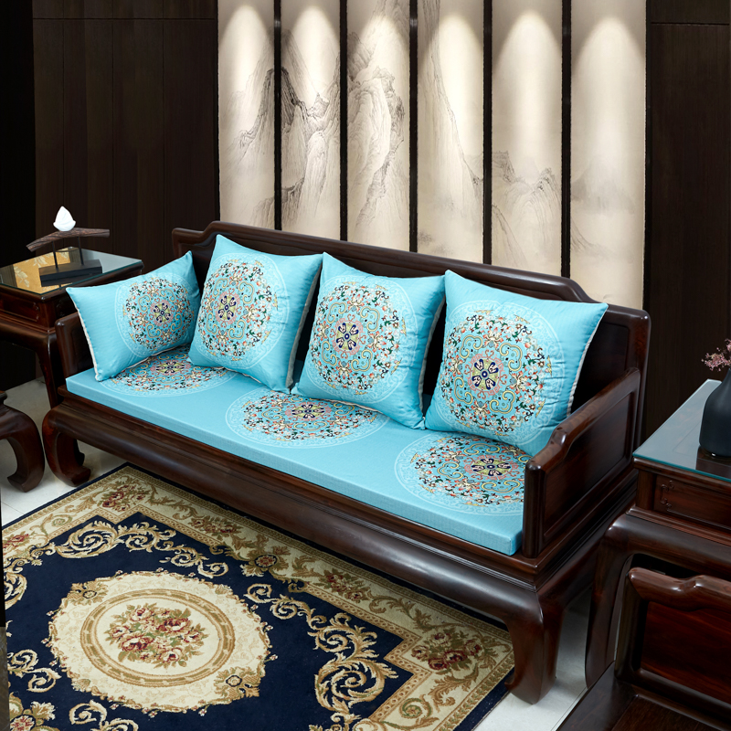 2023新款麻布印花沙发垫新中式坐垫红木沙发垫 花团锦簇 每平方(单套子，不含海绵） 花团锦簇-亮蓝