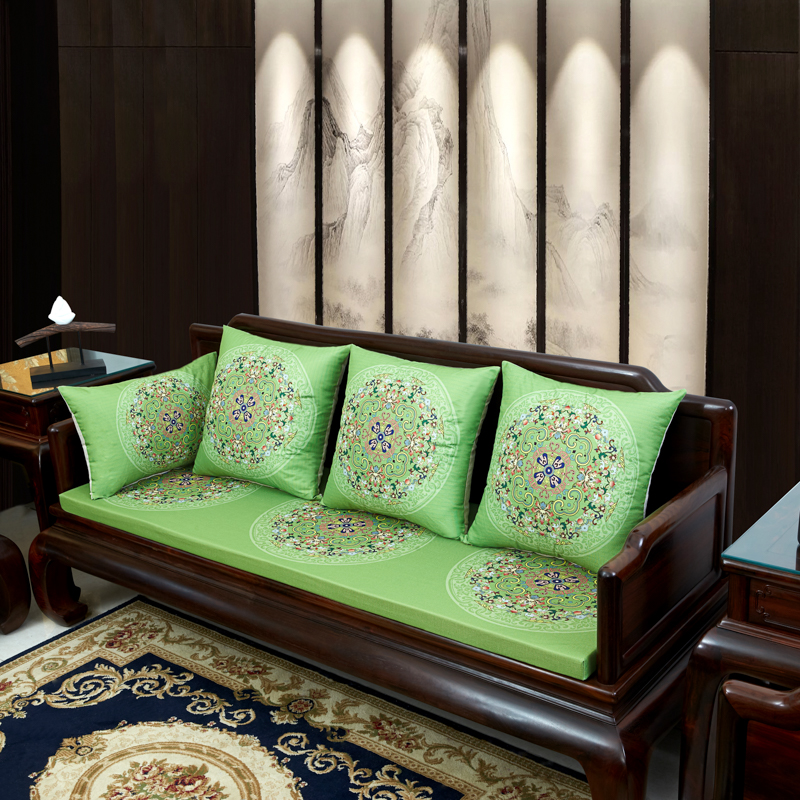 2023新款麻布印花沙发垫新中式坐垫红木沙发垫 花团锦簇 每平方(单套子，不含海绵） 花团锦簇-亮绿