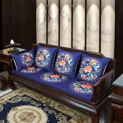 2023新款麻布印花沙发垫新中式坐垫红木沙发垫 花团锦簇 每平方(单套子，不含海绵） 秋香-藏蓝