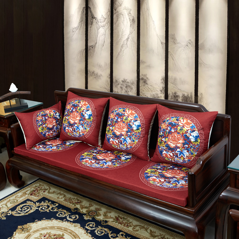2023新款麻布印花沙发垫新中式坐垫红木沙发垫 花团锦簇 每平方(单套子，不含海绵） 秋香-红