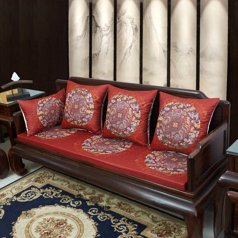2023新款麻布印花沙发垫新中式坐垫红木沙发垫 花团锦簇 每平方(单套子，不含海绵） 五龙团-红