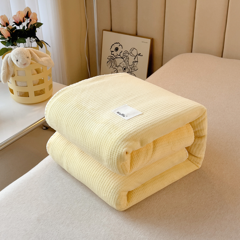 2022直播新款华夫格牛奶绒双层复合毛毯空调毯休闲毯 100*150±5cm 华夫格-奶黄