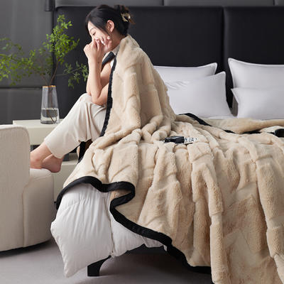 2024A类新款兔毛绒毛毯双层复合毯空调毯休闲毯 150*200+-5cm 水波纹-奶驼色